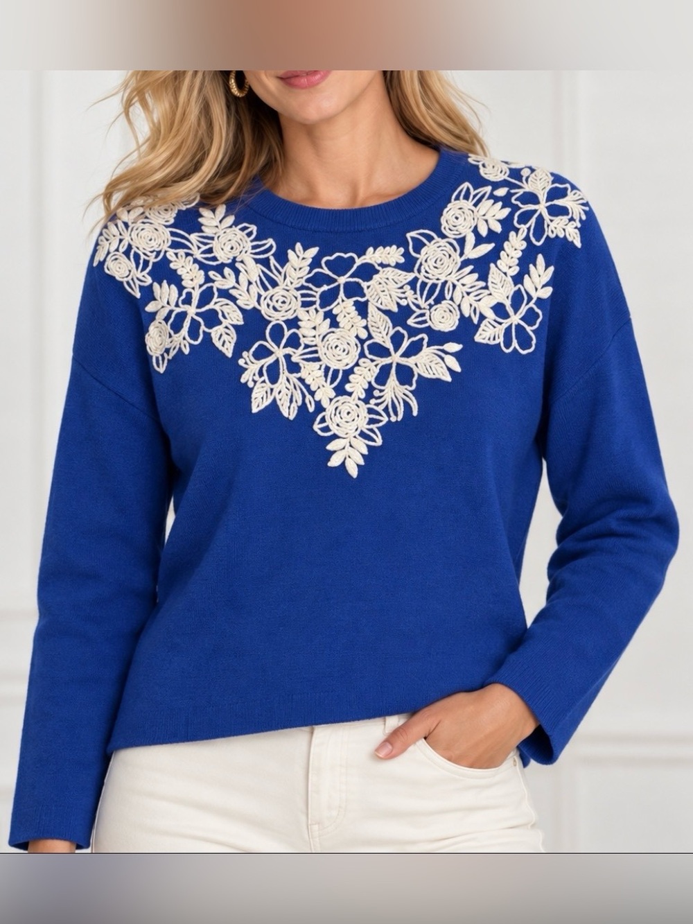 NWT! Rain + Rose Floral Appliqué Sweater in ROYAL BLUE, SMALL